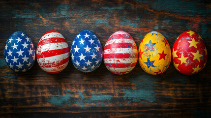 Poster - Six patriotic easter eggs adorned with stars and stripes on a rustic wooden backdrop, perfect for celebrating the holiday