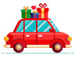 © Andrey - Red car caring gift boxes on the roof. Cartoon drawing style. Isolated transparent background