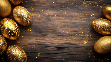 Poster - Festive and elegant holiday scene with shiny golden easter eggs and glitter on a rustic wooden background