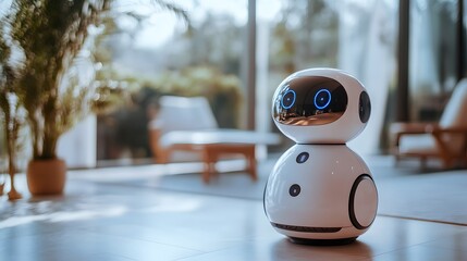 Poster - A Modern White Home Robot Stands In A Living Room