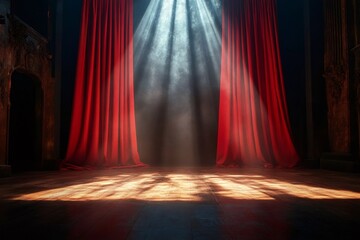 Aufkleber - Red curtains opening on stage with dramatic lighting and wooden floor