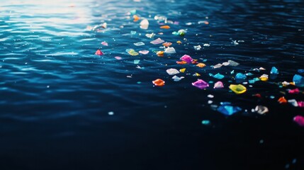 Aufkleber - Colorful plastic waste floats on deep blue ocean waters, highlighting marine pollution challenge and environmental impact. Generative AI