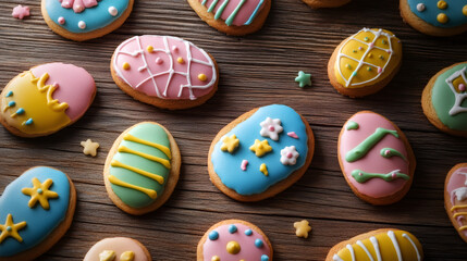 Wall Mural - Colorful icing adorns delectable easter egg-shaped cookies, displayed on a charming wooden table for a delightful springtime celebration