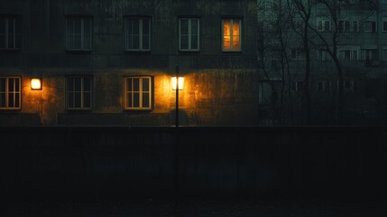 Aufkleber - Dimly lit cityscape at night with illuminated windows and street lights in an urban setting. Generative AI