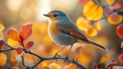 Wall Mural - Captivating Bird Perched on Branch Amidst Autumn Leaves, Showcasing Vibrant Colors and Delicate Features in a Serene Natural Setting