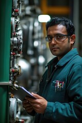 Poster - Industrial engineer inspecting machinery and taking notes in factory