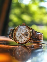Aufkleber - Luxury golden frame wristwatch resting on a polished surface with a blurred green background in daylight. Generative AI