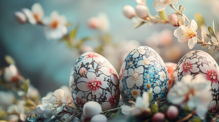 Poster - Floral-patterned easter eggs surrounded by almond blossoms capture the essence of spring and rebirth