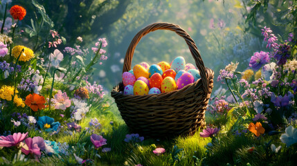 Poster - Colorful easter eggs nestled in a wicker basket amidst a vibrant meadow of wildflowers, celebrating the joy and renewal of spring