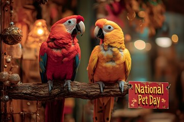 Wall Mural - Two colorful macaws perched on a branch in honor of national pet day