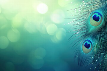 Poster - Close up view of a peacock feather adorned with dew drops showcasing vibrant colors and beautiful patterns. Generative AI