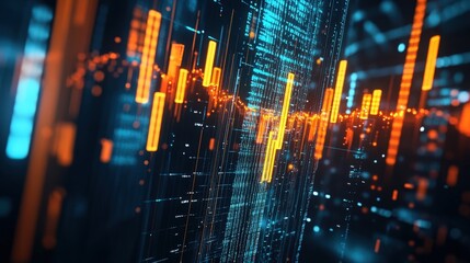 Orange and blue financial chart showing volatility in a futuristic digital environment
