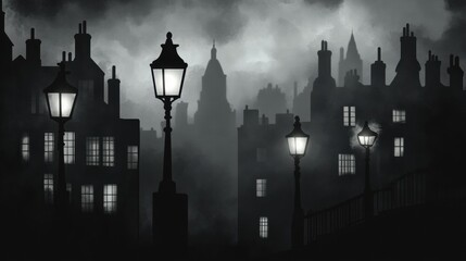 Aufkleber - Dark cityscape at night with few illuminated windows in a silhouetted urban environment. Generative AI