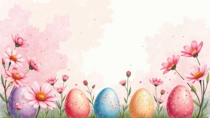 Aufkleber - Painted Easter eggs and pink daisies are arranged across the bottom of a watercolor-style background, with space for text at the top. Concept of Easter background.
