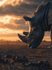 Aufkleber - Rhino foraging in a barren savanna at sunset with dramatic clouds in the background and ample space for text. Generative AI