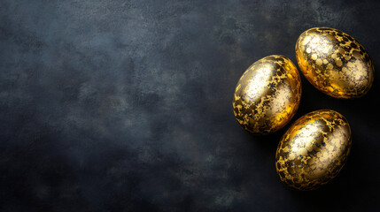 Poster - Modern and elegant easter decoration: three golden easter eggs on a dark background with copy space