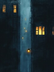 Poster - Dark cityscape at night with illuminated windows revealing silhouettes in an urban setting. Generative AI