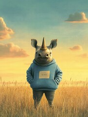 Poster - Close up of a rhino in a barren savanna with space for text in a tranquil sunset setting. Generative AI