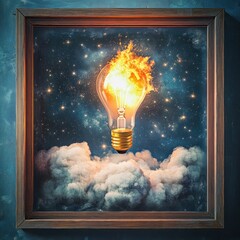 Flaming lightbulb in a starry night sky, framed.