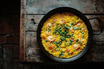 Wall Mural - Delicious paella with shrimps and peas resting on rustic wooden table