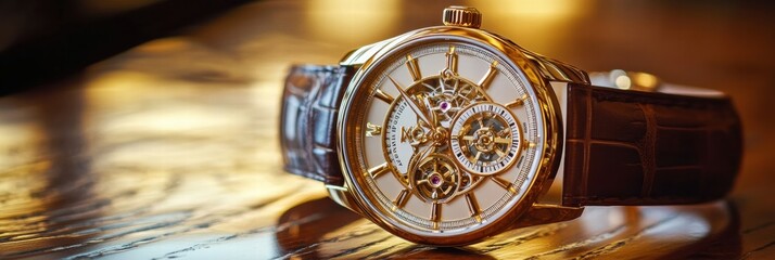 Aufkleber - Luxury wristwatch with golden frame showcasing intricate design on wooden table. Generative AI