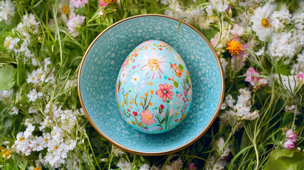 Poster - Hand-painted easter egg decorated with colorful flowers resting in a blue and gold bowl on a bed of wildflowers, celebrating spring and easter festivities