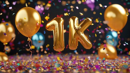 Poster - Celebrate reaching 1000 subscribers with golden balloons and confetti at a festive gathering. Generative AI