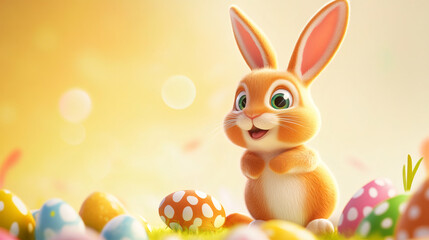 Poster - Cute easter bunny surrounded by colorful eggs in a sunny meadow, creating a joyful holiday atmosphere