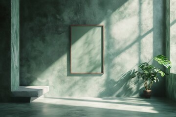 Aufkleber - Empty frame mockup hanging on green concrete wall in modern minimalist interior with plant