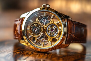 Poster - Luxury wristwatch with intricate golden frame displayed on polished wooden surface. Generative AI