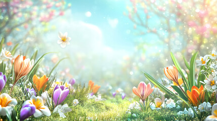 Poster - Vibrant spring garden filled with blooming crocus flowers, creating a festive scene ideal for easter gatherings