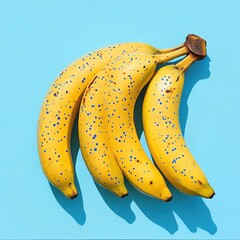 Wall Mural - Three speckled yellow bananas on blue background.