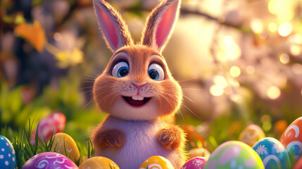 Poster - Adorable cgi easter bunny happily displaying vibrant easter eggs in a stunning garden on a sunny spring day