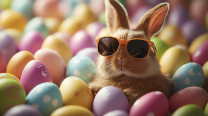Poster - Cute easter bunny with sunglasses surrounded by vibrant easter eggs, creating a joyful and lively atmosphere