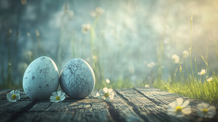 Wall Mural - Two decorated easter eggs sit on a weathered wooden surface amidst a vibrant meadow of blooming wildflowers, illuminated by gentle sunlight