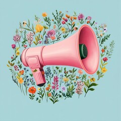 Canvas Print - Pink megaphone surrounded by wildflowers.