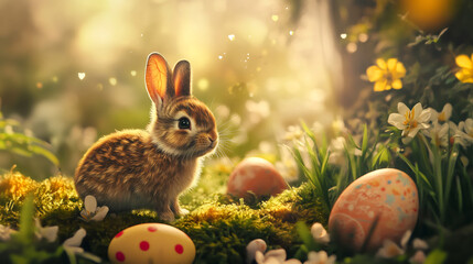 Poster - Charming easter bunny amidst vibrant eggs in a sunlit woodland glade, crafting a delightful and magical easter setting