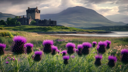 Wall Mural - Scenic scottish landscape with thistle flowers and ancient castle St. Andrew's Day
