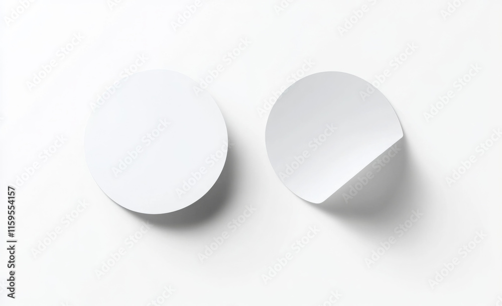 Blank white round adhesive stickers mock up with curved corner, 3d ...