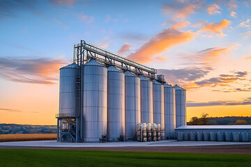 Wall Mural - agricultural silos in sunset with beautiful sky