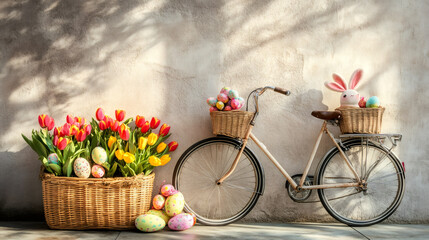 Poster - Easter-themed vintage bicycle with plush bunny, easter eggs, and tulips against a textured wall
