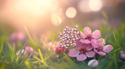 Poster - Beautiful jeweled easter decoration lies among pink flowers on a bed of grass, illuminated by the warm glow of the setting sun