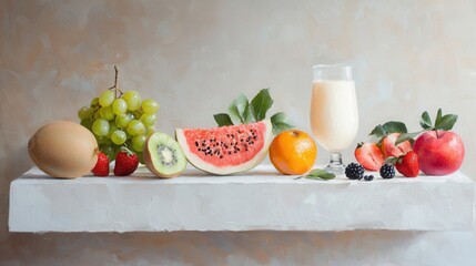 Wall Mural - Frisches Obst und Smoothie-Arrangement für eine ausgewogene Ernährung und Wellness