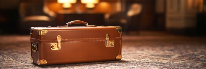 Aufkleber - Luxurious leather suitcase with golden hardware placed elegantly in an upscale hotel lobby during the evening. Generative AI
