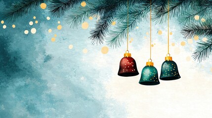 Wall Mural -   Three Christmas bells dangle from a pine tree branch, adorned with golden and blue ornaments