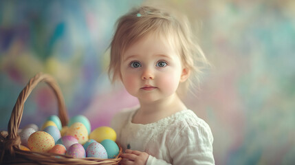 Poster - Cute baby girl holding wicker basket full of colorful easter eggs, celebrating easter holidays