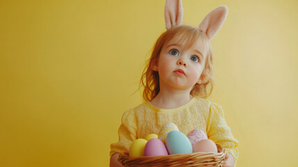 Poster - Curious little girl wearing bunny ears and holding a wicker basket filled with colorful painted eggs, celebrating easter with adorableness