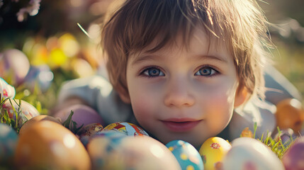 Poster - Happy child lying on grass surrounded by colorful easter eggs, enjoying a sunny spring day