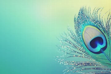 Aufkleber - Close up view of a vibrant peacock feather adorned with dew drops on a soft gradient background. Generative AI