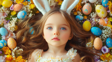 Poster - Cute little girl with bunny ears lying on colorful easter eggs and spring flowers, enjoying the festive atmosphere